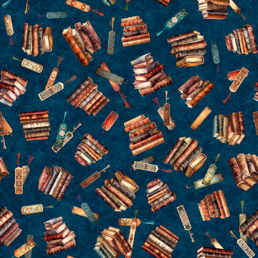 Bookworm by Morris Creative Group Stacked Books Toss Midnight 30449W Cotton Woven Fabric