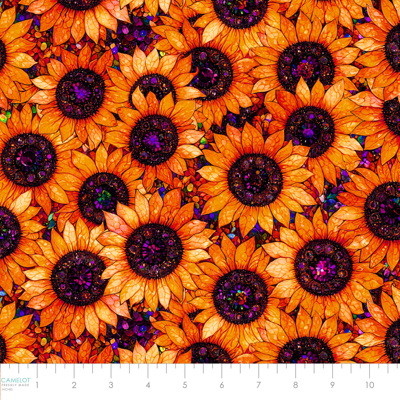 PREORDER ITEM - EXPECTED AUGUST 2025: Sonny in the Sunflowers by Peggy Collins Collection Stained Glass Sunflowers Orange 16240201.02 Cotton Woven Fabric