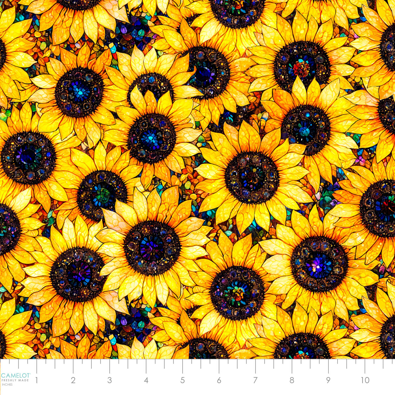 PREORDER ITEM - EXPECTED AUGUST 2025: Sonny in the Sunflowers by Peggy Collins Collection Stained Glass Sunflowers Yellow 16240201.01 Cotton Woven Fabric