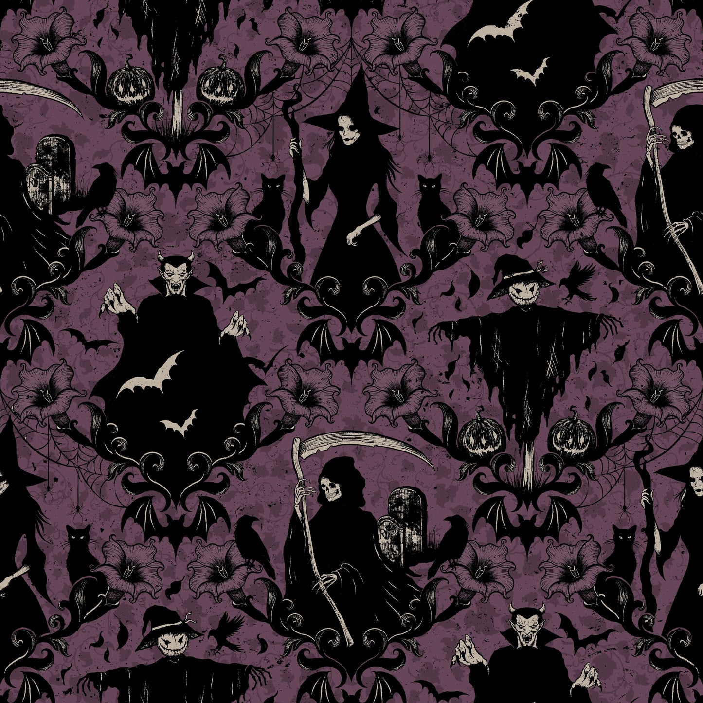 Darkly Enchanted Plum Damask With Witch, Scarecrow, and Grim Reaper 4792-55 by Episodic Drawing