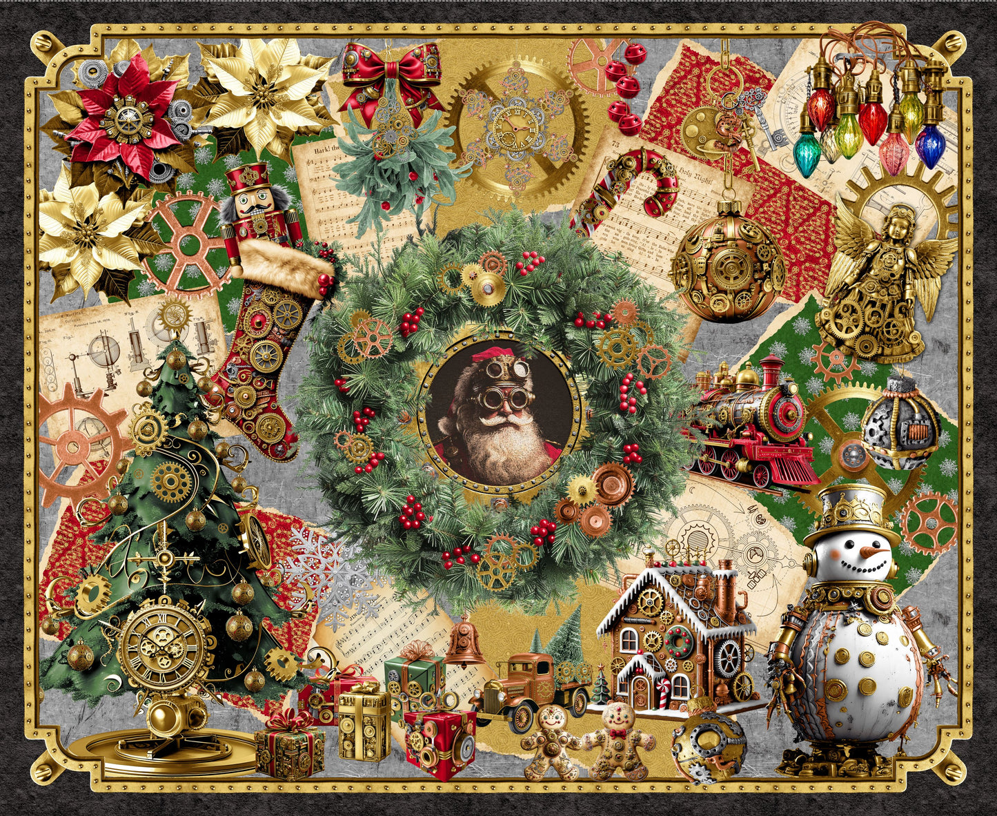 Preorder July 2026: Gears and Garland Steampunk Christmas 54" Panel Red 4833P-88 by Urban Essence Designs