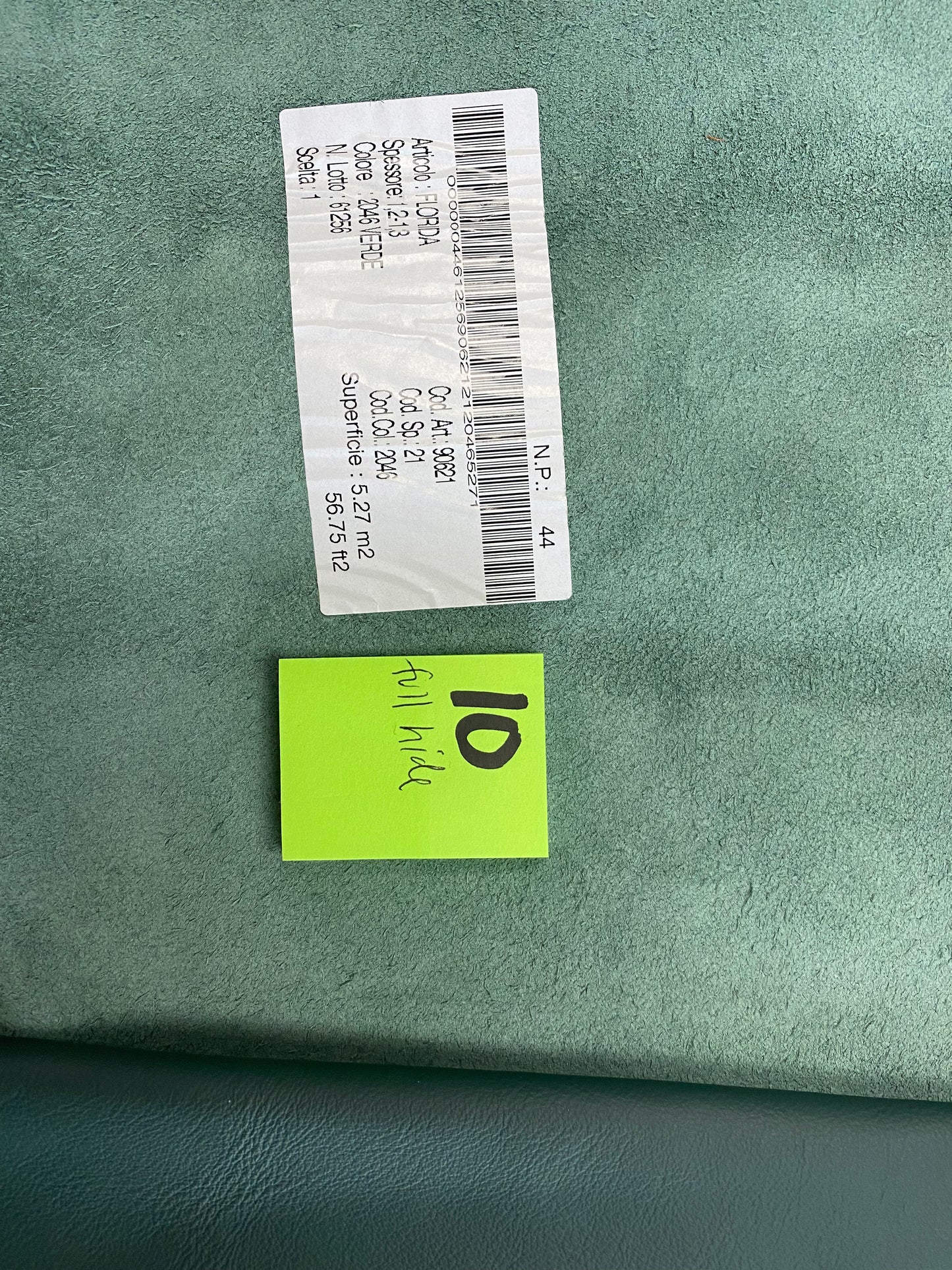 Leather 2046 Verde whole hide Full hide 5.27 Square Meters 1.2-1.3mm Leather#10 - USA Shipping Included in Price!