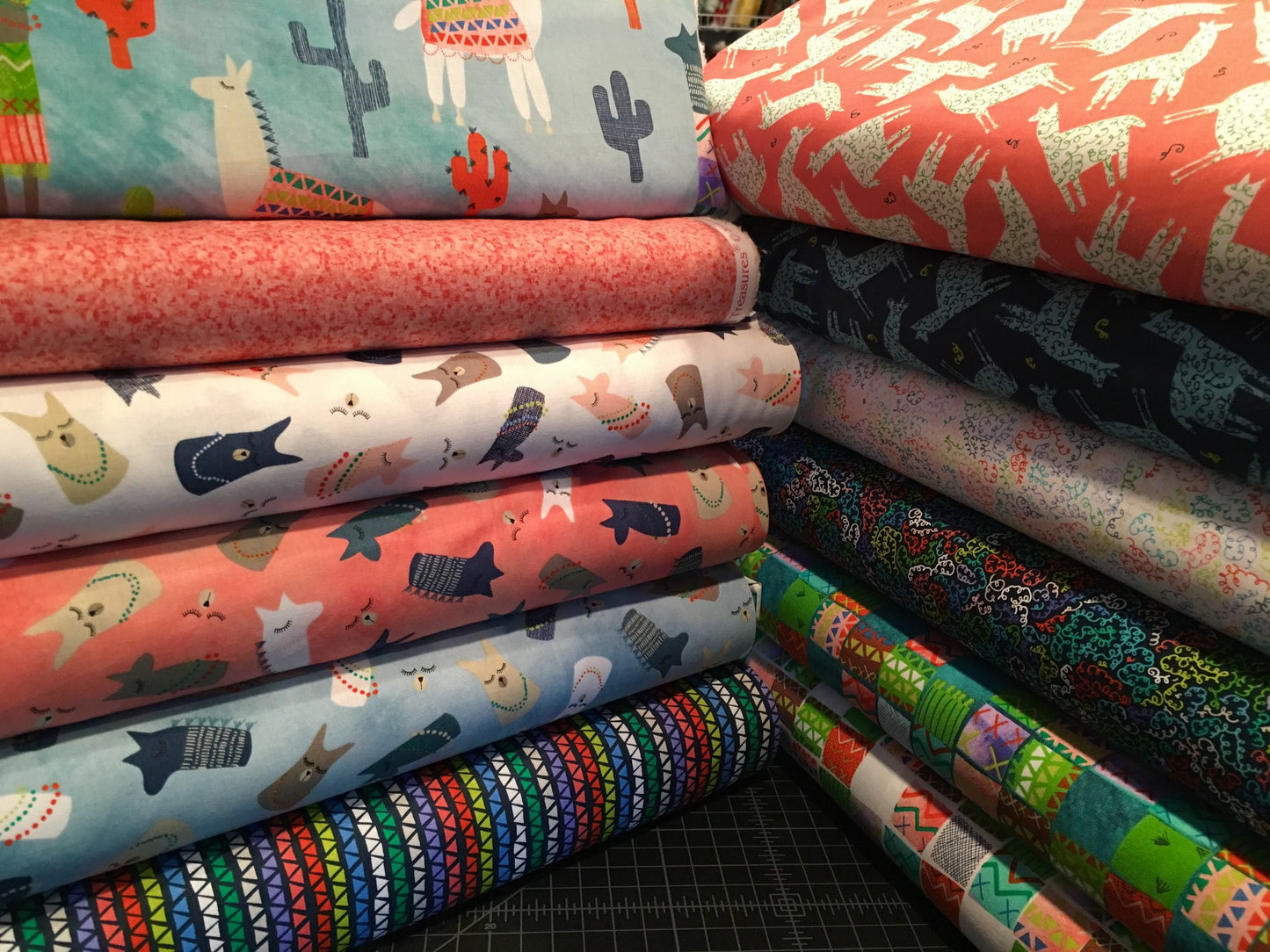 Alpaca Picnic Curly Cues on White Cotton Woven