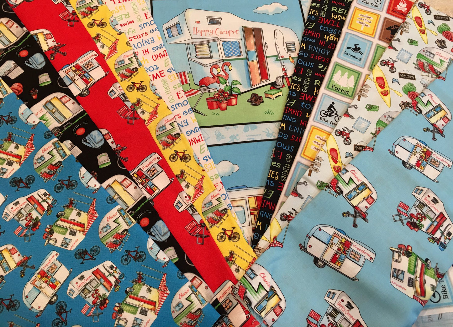 Happy Campers Campers and Bikes on Yellow 1334-44 Cotton Woven Fabrics