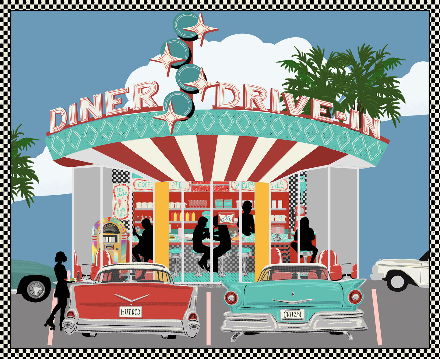 Diners & Drive-Ins By Jen Bucheli 36" Panel 50's Drive-In Diner Lt Blue 2431P-70 Cotton Woven Panel