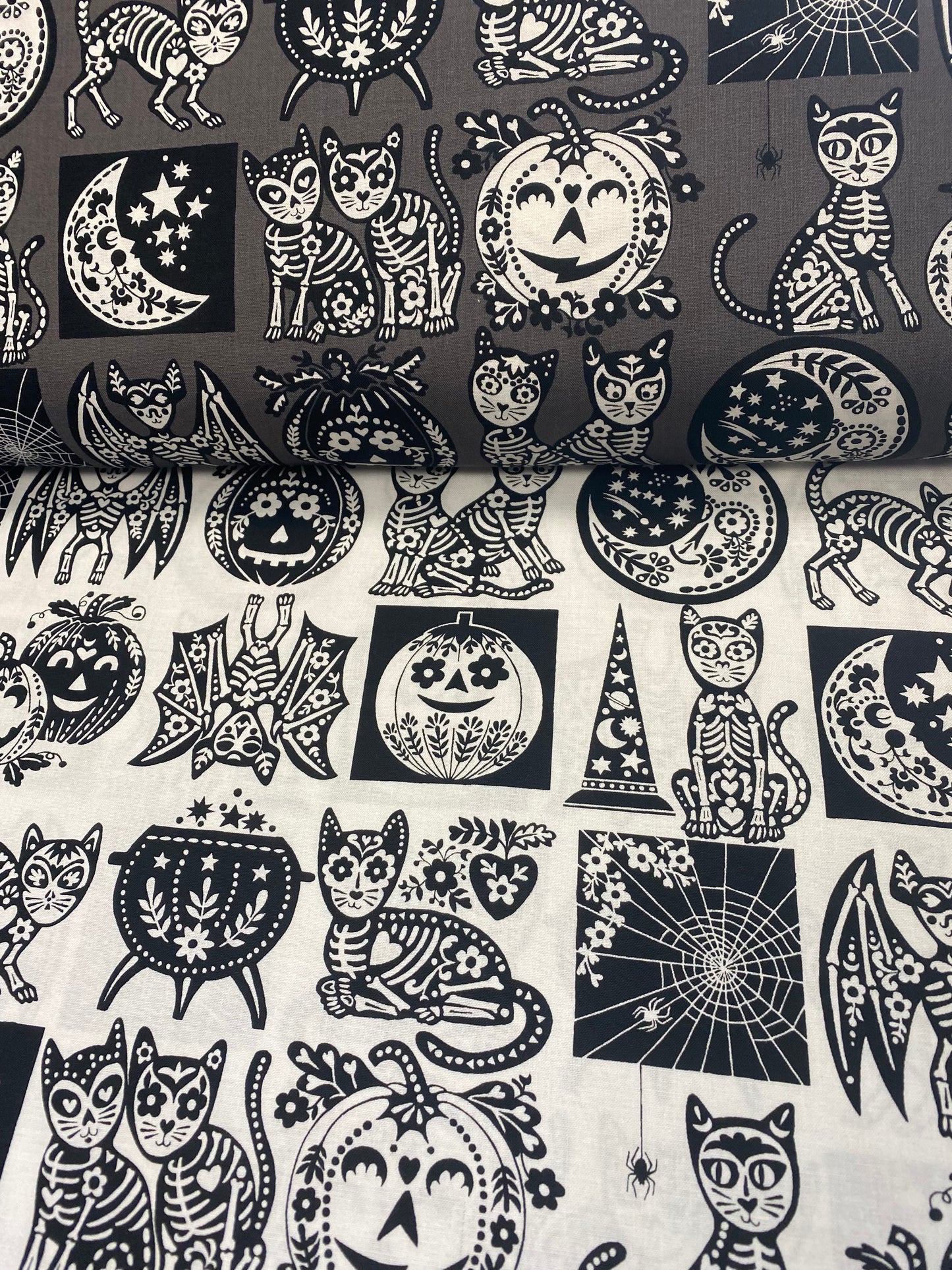 Haunted House Calavera Cat Charcoal 8960c Cotton Woven Fabric