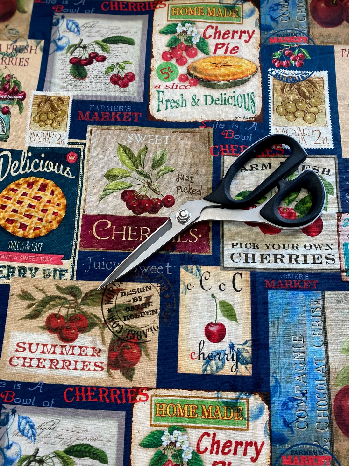 Cherry Pie Cherry Signs And Cherry Pie Stamps Navy CD1541-NAVY Cotton Woven Fabric