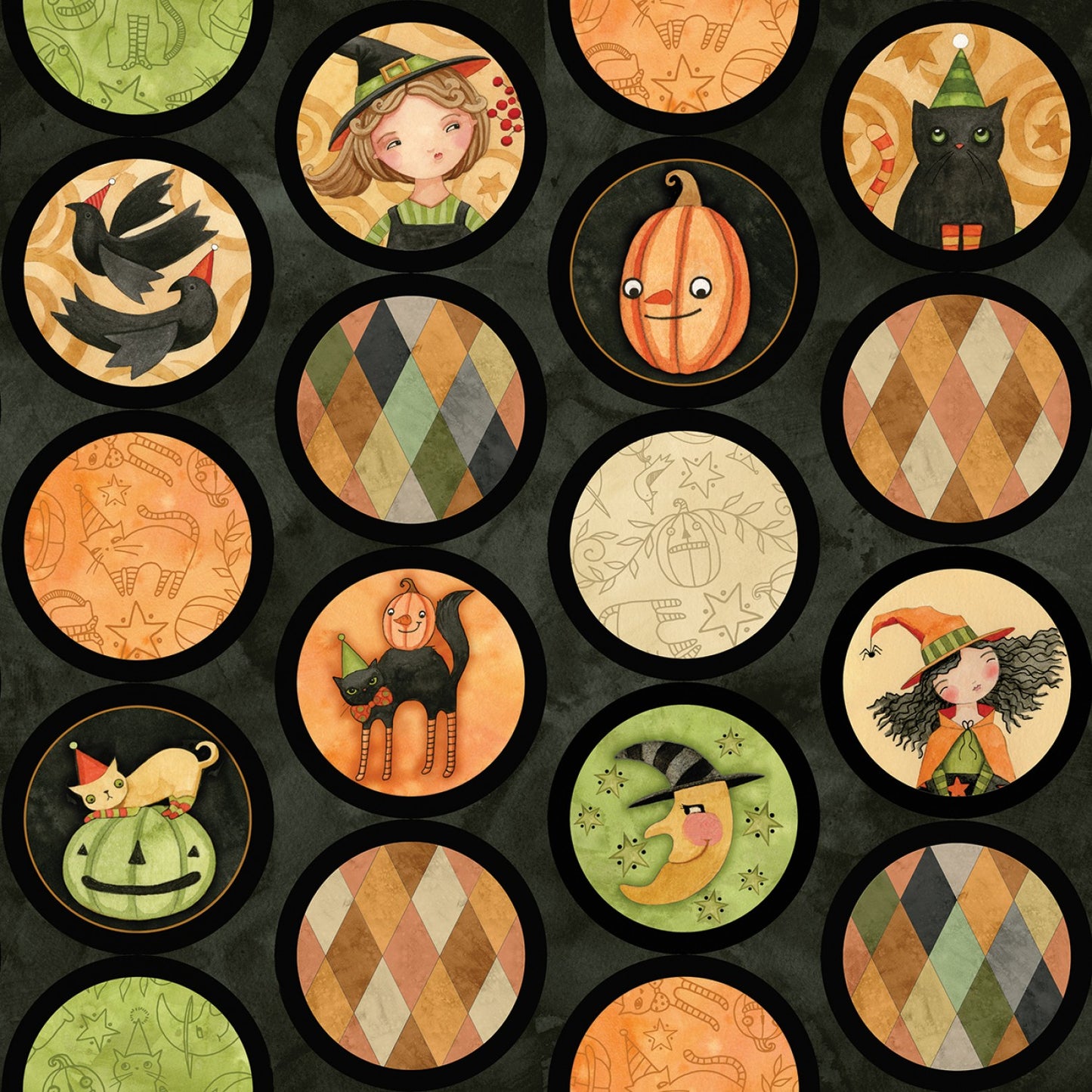 Halloween Whimsy by Teresa Kogut Circles Black CD11825R-BLACK Cotton Woven Fabric
