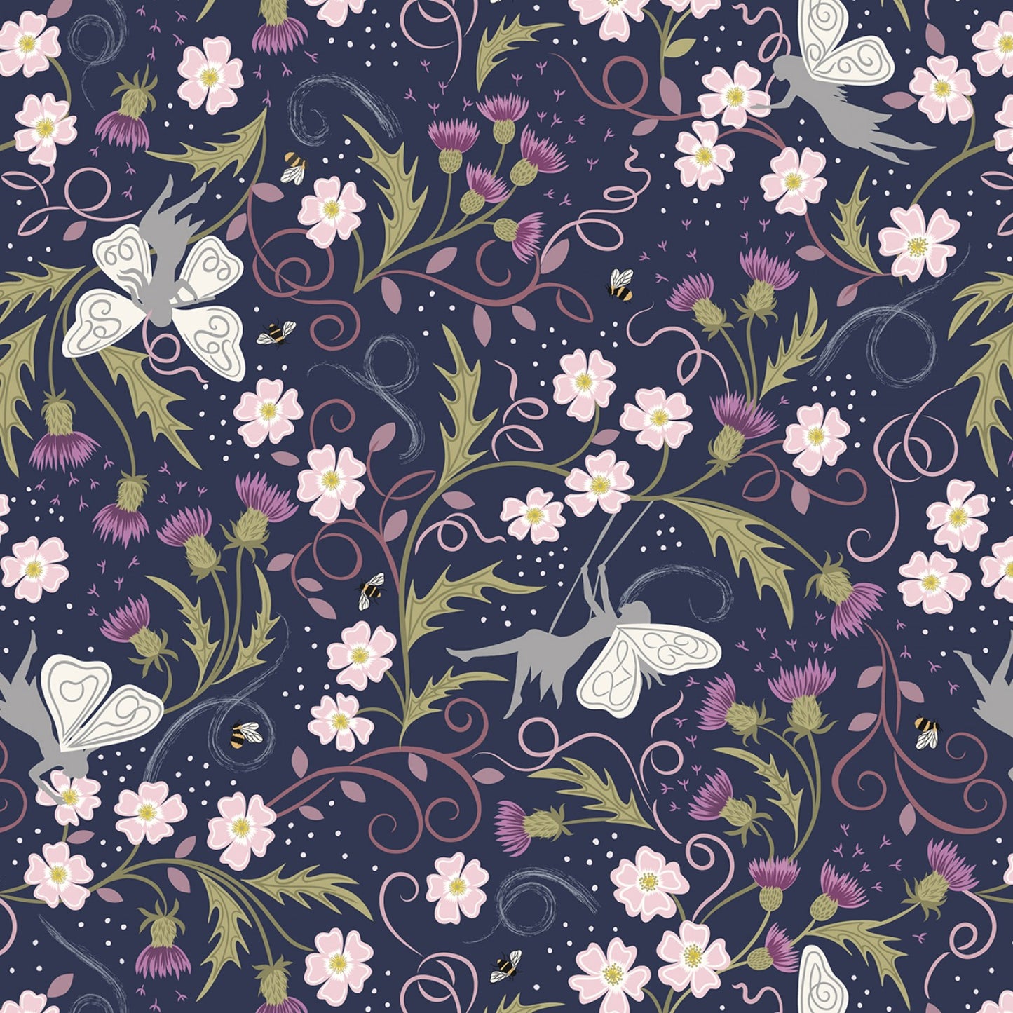 Celtic Faeries Faeries on Dark Blue w/Silver Metallic A731.3 Cotton Woven Fabric