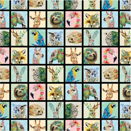 Brush with Nature by Louise Nisbet Mini Animal Portraits Black (1.5" Squares) DDC10484-BLAC Cotton Woven Fabric