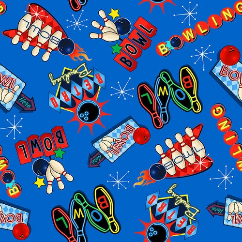 Rock 'N Bowl by Urban Essence Designs Neon Bowling Signs Medium Blue 2187-75 Cotton Woven Fabric