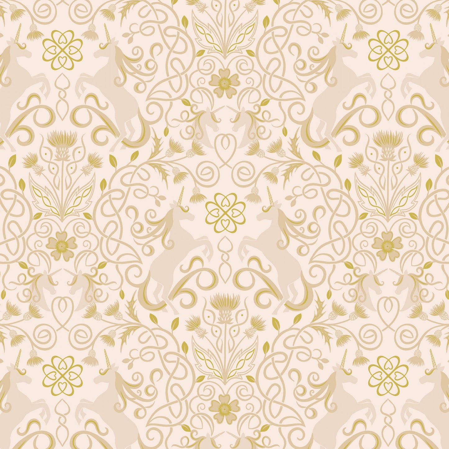Celtic Faeries Unicorn on Cream w/Gold Metallic A733.1 Cotton Woven Fabric