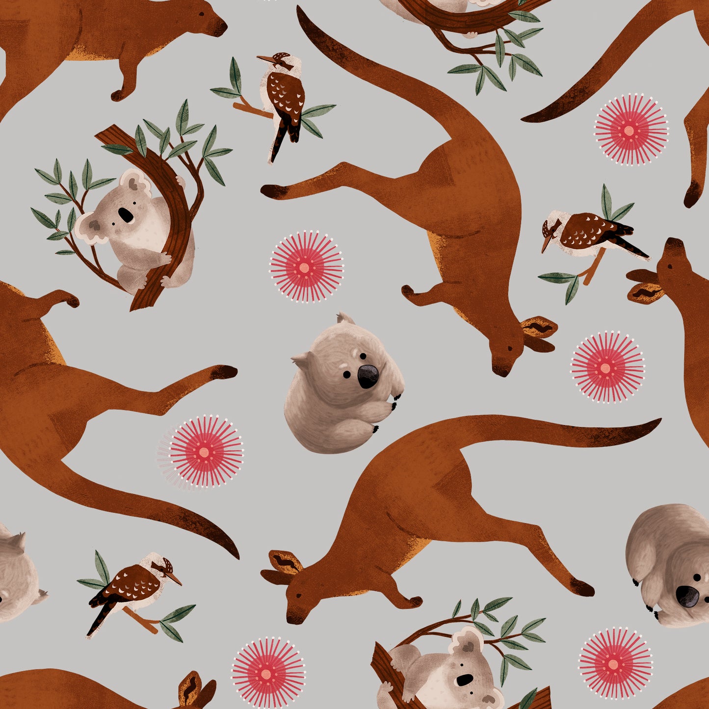 Aussie Friends by Victoria Barnes Aussie Animals Tossed Lt Gray    2093-90 Cotton Woven Fabric