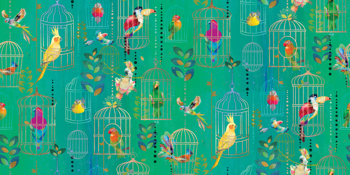 Tropicolor Birds Digital by Connie Haley Bird Cages Turquoise 19378-TRQ-CTN-D Cotton Woven Fabric