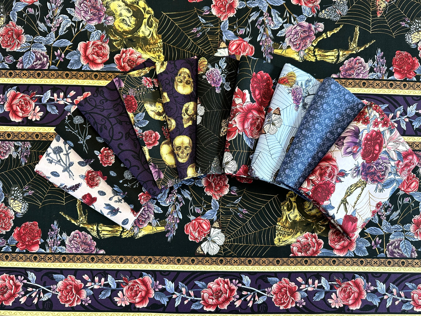 Bones Collection by Melissa Wang Skulls and Flowers Black 7114-99 Cotton Woven Fabric