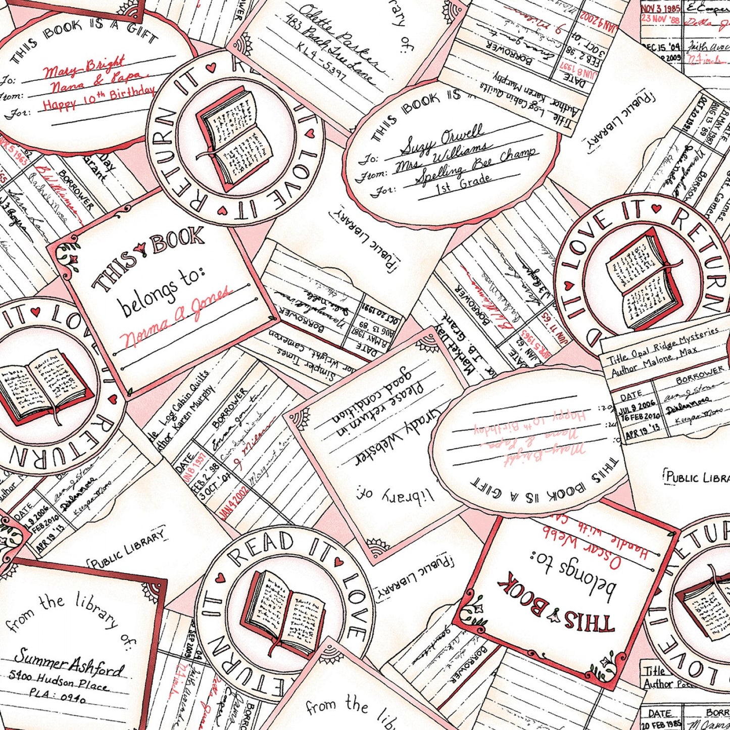 Readerville by Kris Lammers Collection Book Labels Pink 10234M-P Cotton Woven Fabric