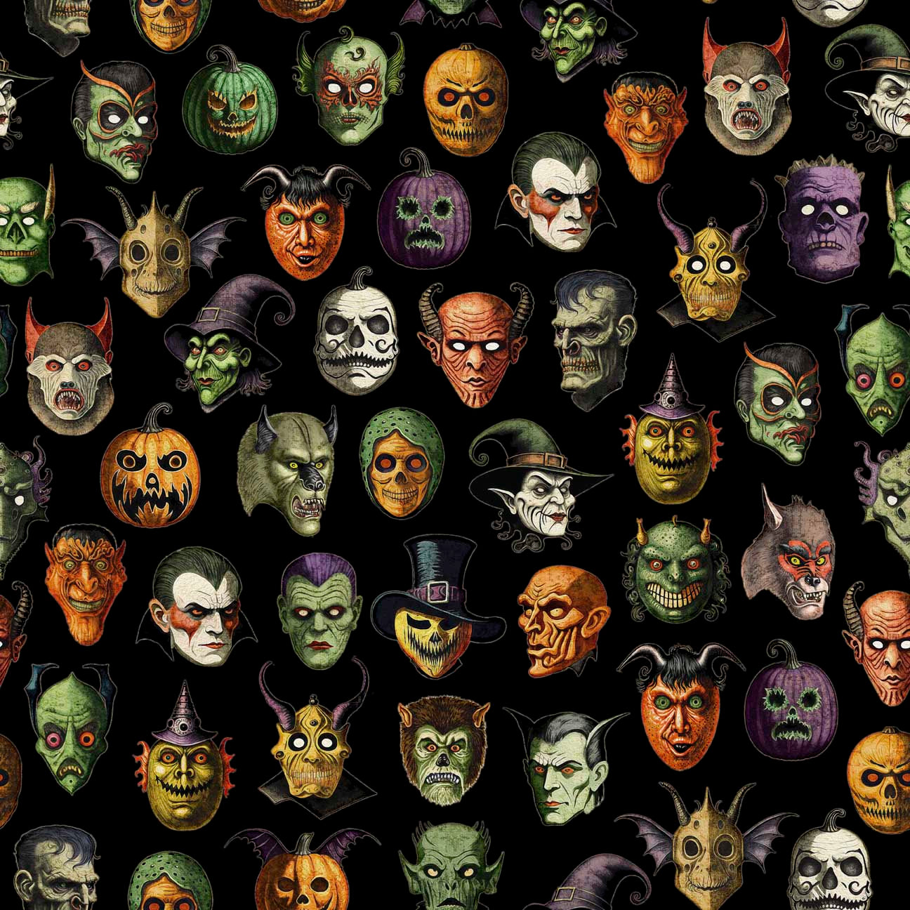 Creepsville by Morris Creative Group Creepy Face Allover Black 30204J Cotton Woven Fabric
