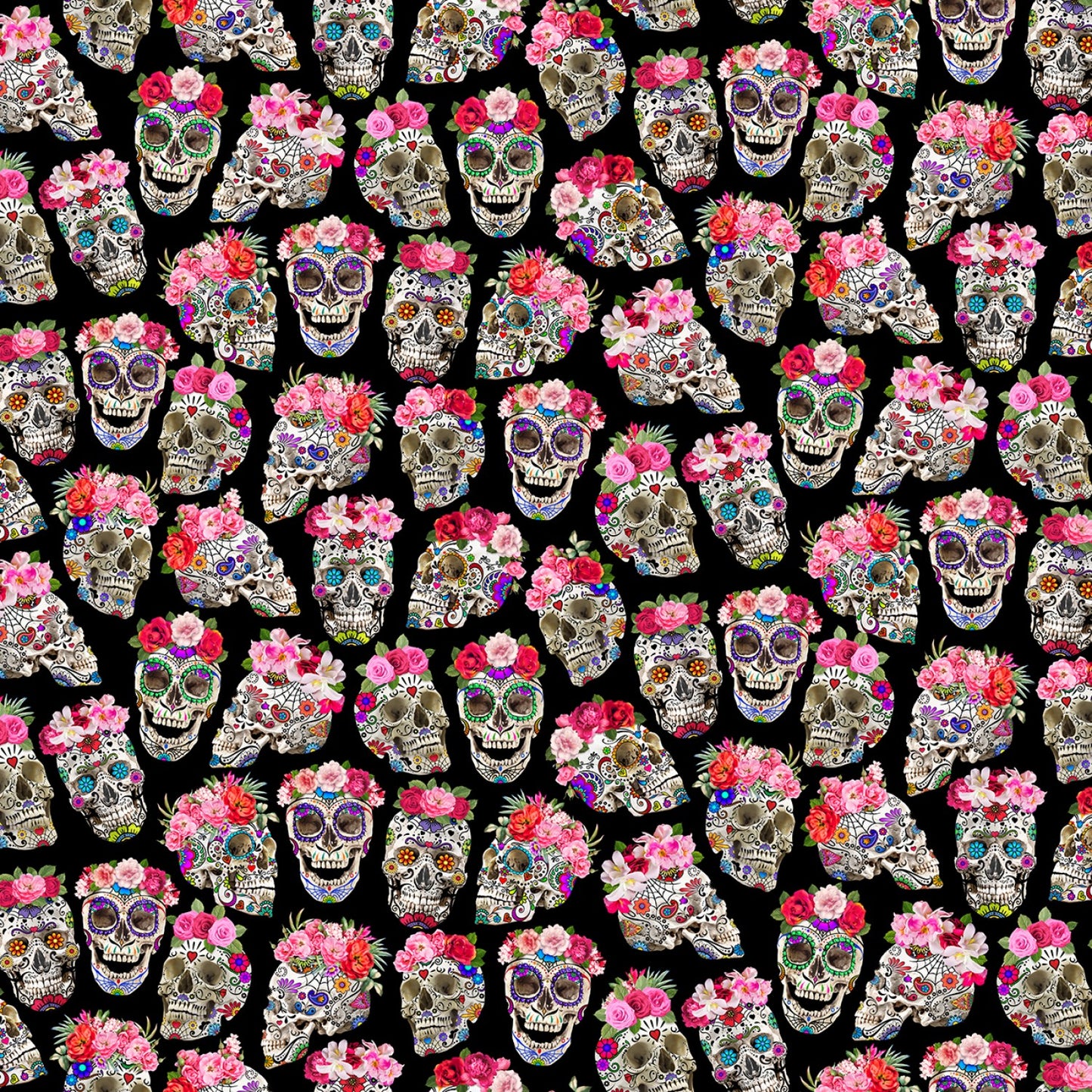 Esperanza Day Of The Dead Skulls With Flower Crowns Black CD1583-BLACK Cotton Woven Fabric