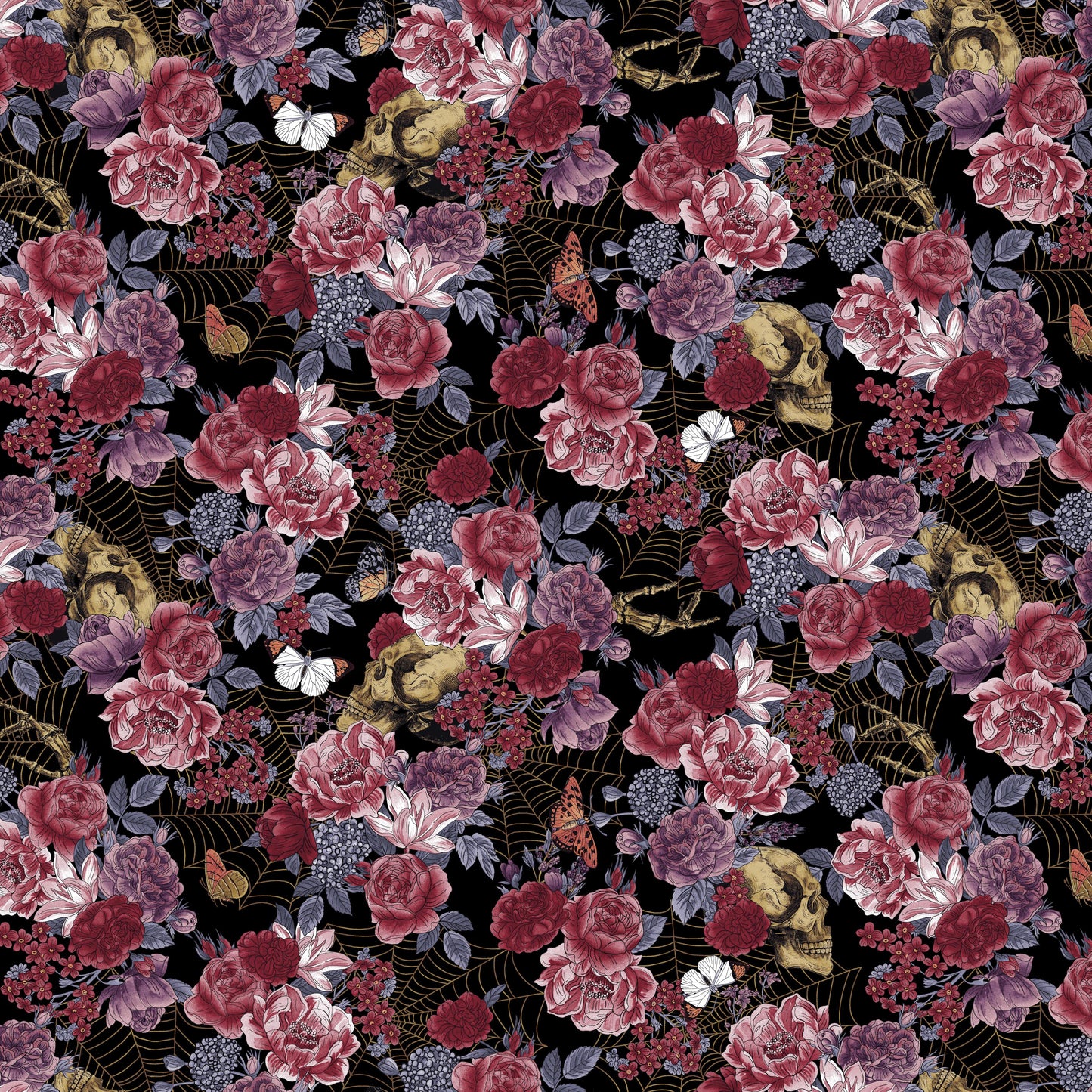Bones Collection by Melissa Wang Floral and Bones Black 7113-99 Cotton Woven Fabric