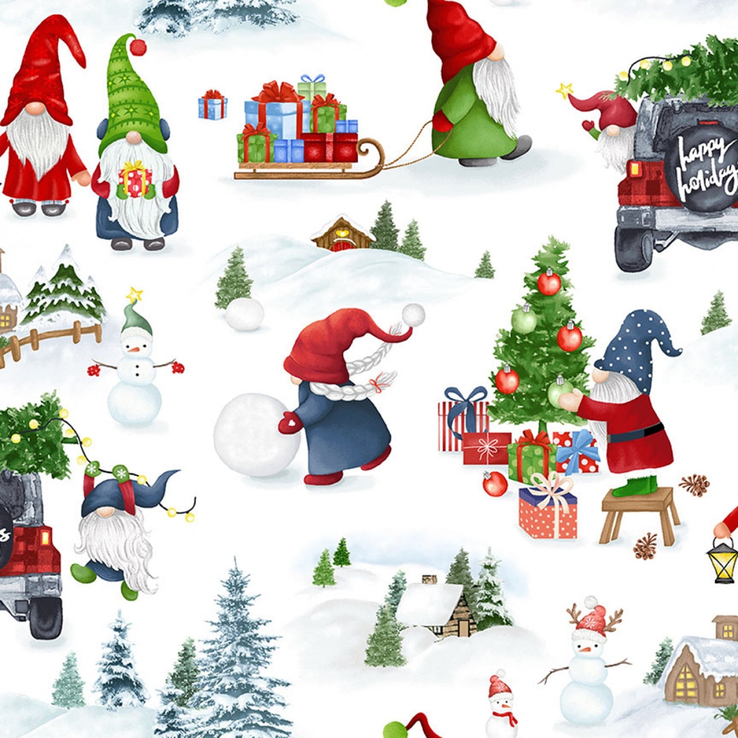 Sleigh All Day Gnome Christmas Scenic White CD2014-WHITE Cotton Woven Fabric