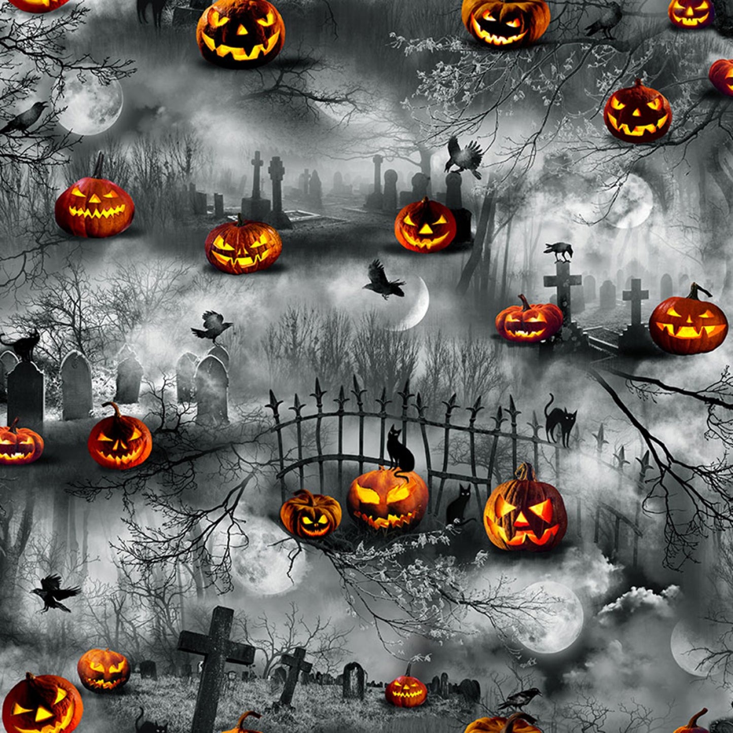 Wicked Graveyard Pumpkin Garden Grey CD1826-GREY Cotton Woven Fabric