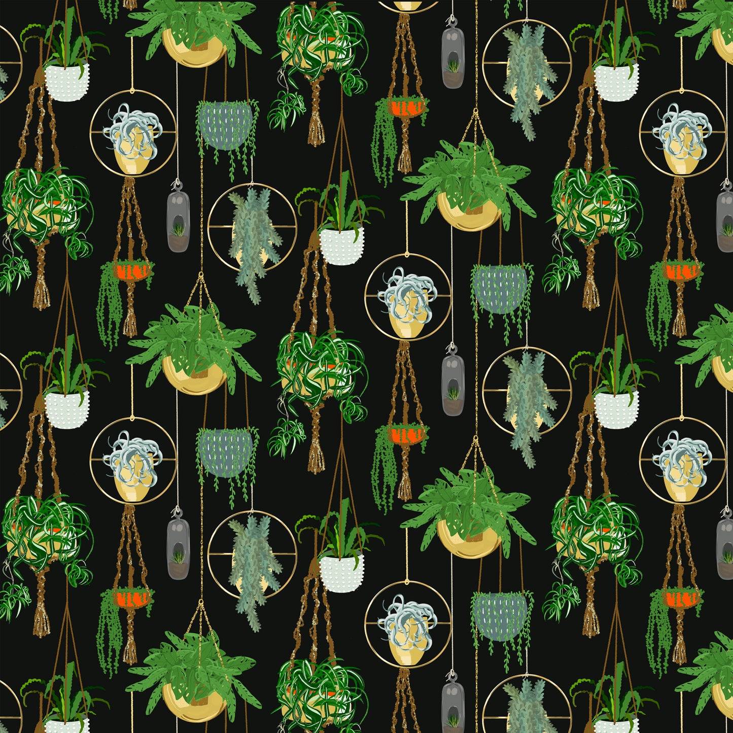 You Grow Girl by Jen Bucheli Hanging Plants Black 2074-99 Cotton Woven Fabric