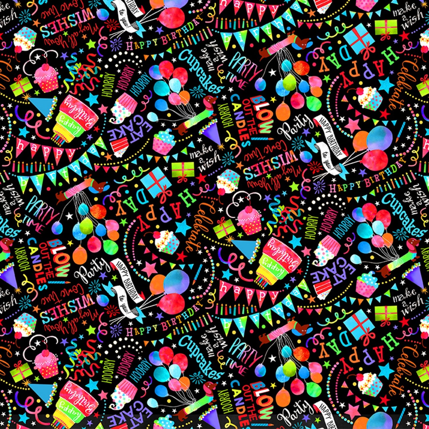 Party Animal Happy Birthday Wishes Black CD2069-BLACK Cotton Woven Fabric