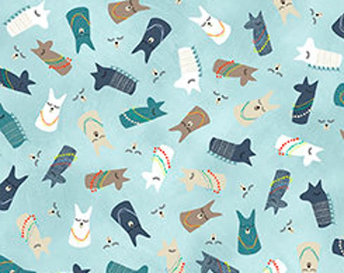 Alpaca Picnic Alpacas Faces on Aqua Cotton Woven
