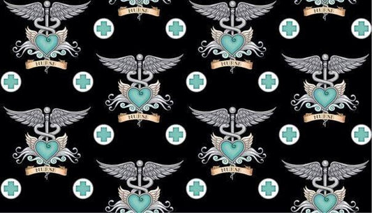 What the Doctor Ordered Nurse Tattoo 24927JQ Black/ Aqua Cotton Woven Fabric