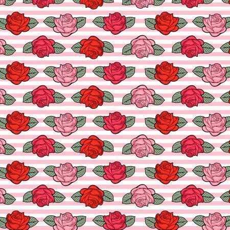 Punk Sugar Skulls Roses on Pink Stripes Cotton Woven Fabric