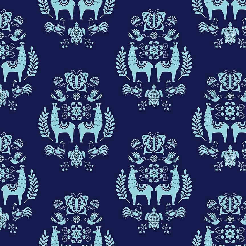 Juxtaposey by Betz White Navy Posey Llama Medallion Cotton Woven Fabric