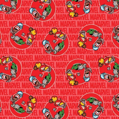 Kawaii Heroes on Red Cotton Woven Fabric