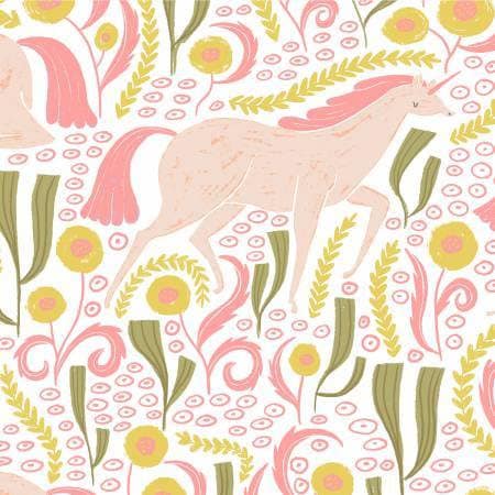 Fable Unicorns on White Cotton Woven Fabric
