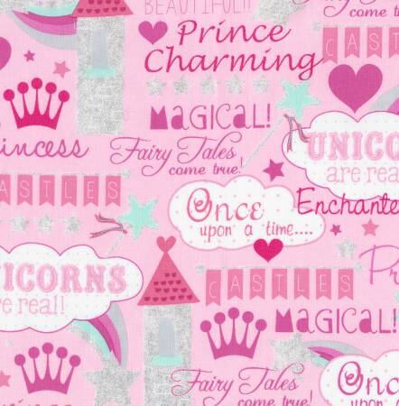 Once Upon a Time Optic Carriage and words Bubblegum Pink with Metallic cotton woven fabric