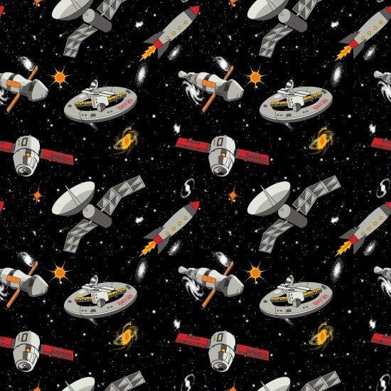 Spacewalk (Glow in the Dark) Spaceships 9027G 99 Black Cotton Woven Panel
