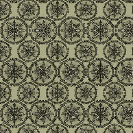 Santoro Adrift Mermaid Star Medallions Dark Sage Cotton Woven Fabric