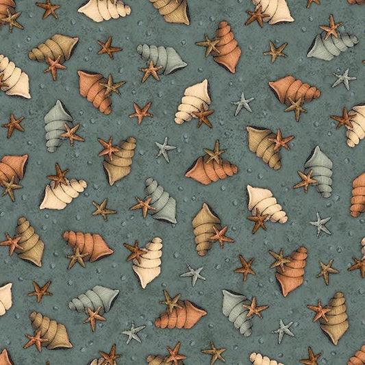 Santoro Adrift Mermaid Shells & Stars Slate cotton woven fabric