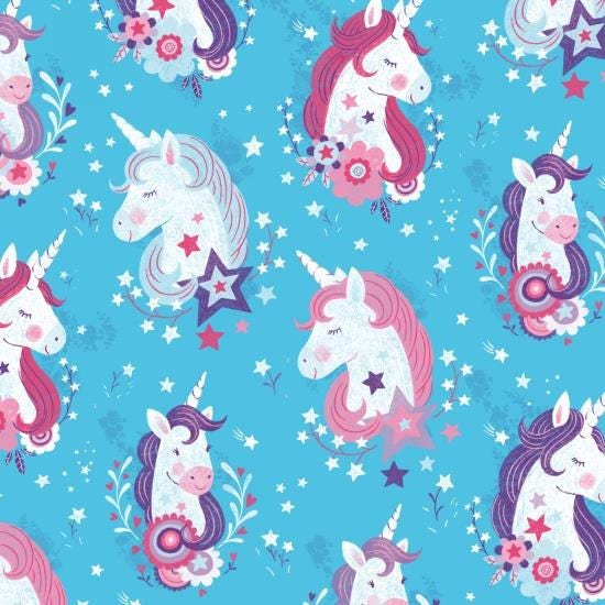 Unicorn Kisses by Lucie Crovatto Unicorn Heads on Blue Cotton Woven