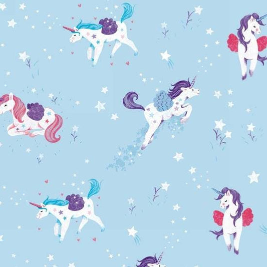 Unicorn Kisses by Lucie Crovatto Unicorn Toss on Blue Cotton Woven