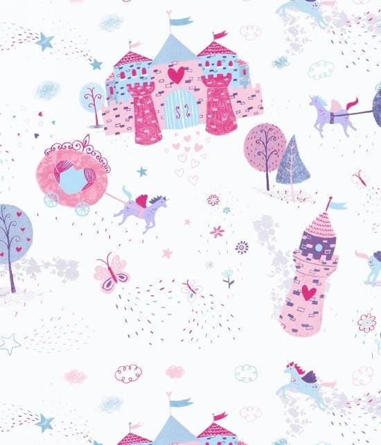 Unicorn Kisses by Lucie Crovatto Castle & Carriage on White 4053-15 Cotton Woven Fabric