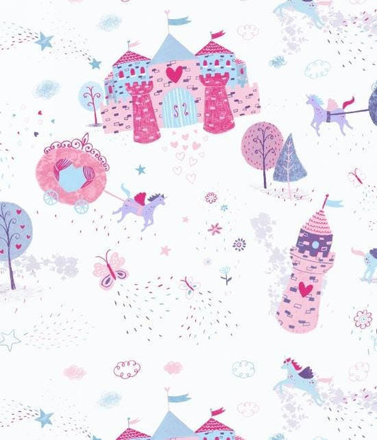 Unicorn Kisses by Lucie Crovatto Castle & Carriage on White 4053-15 Cotton Woven Fabric