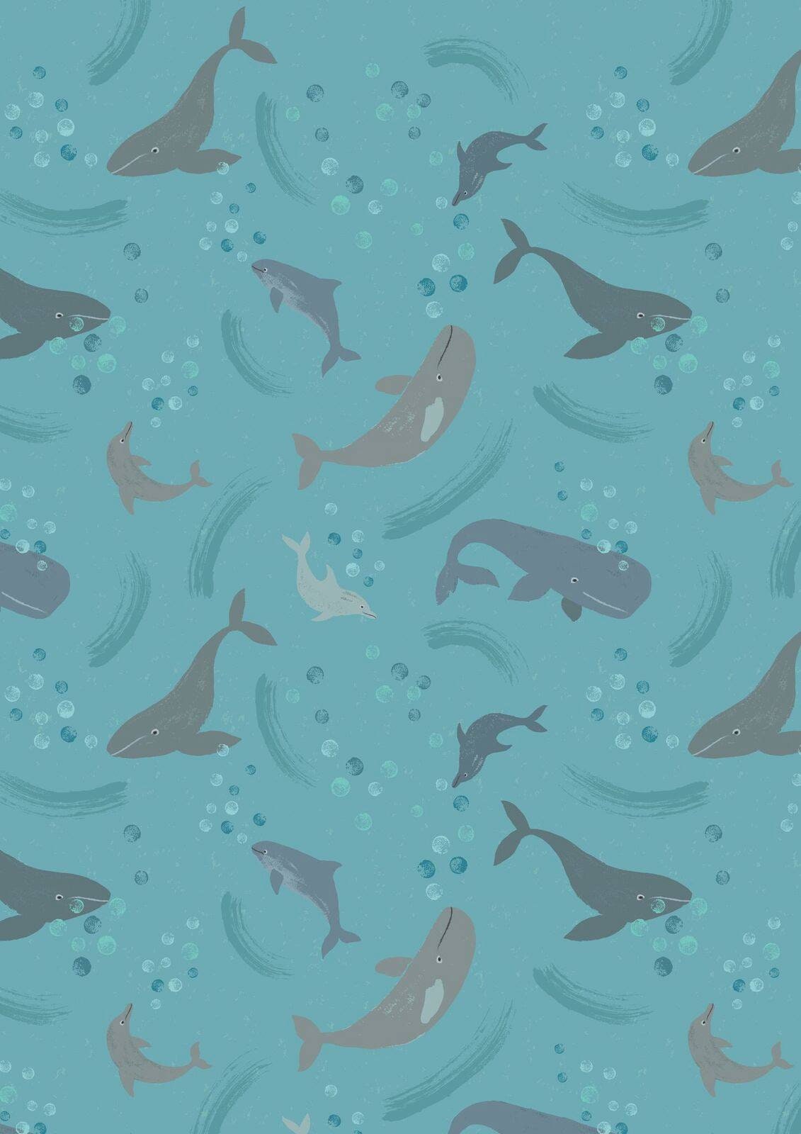 Spindrift Whales Love on Blue Puffins A259.2 Cotton Woven Fabric