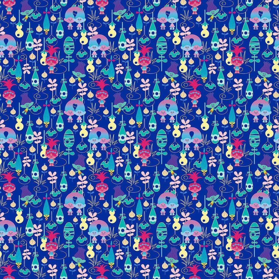Licensed Dreamworks Trolls Packed on Blue cotton Woven Fabric