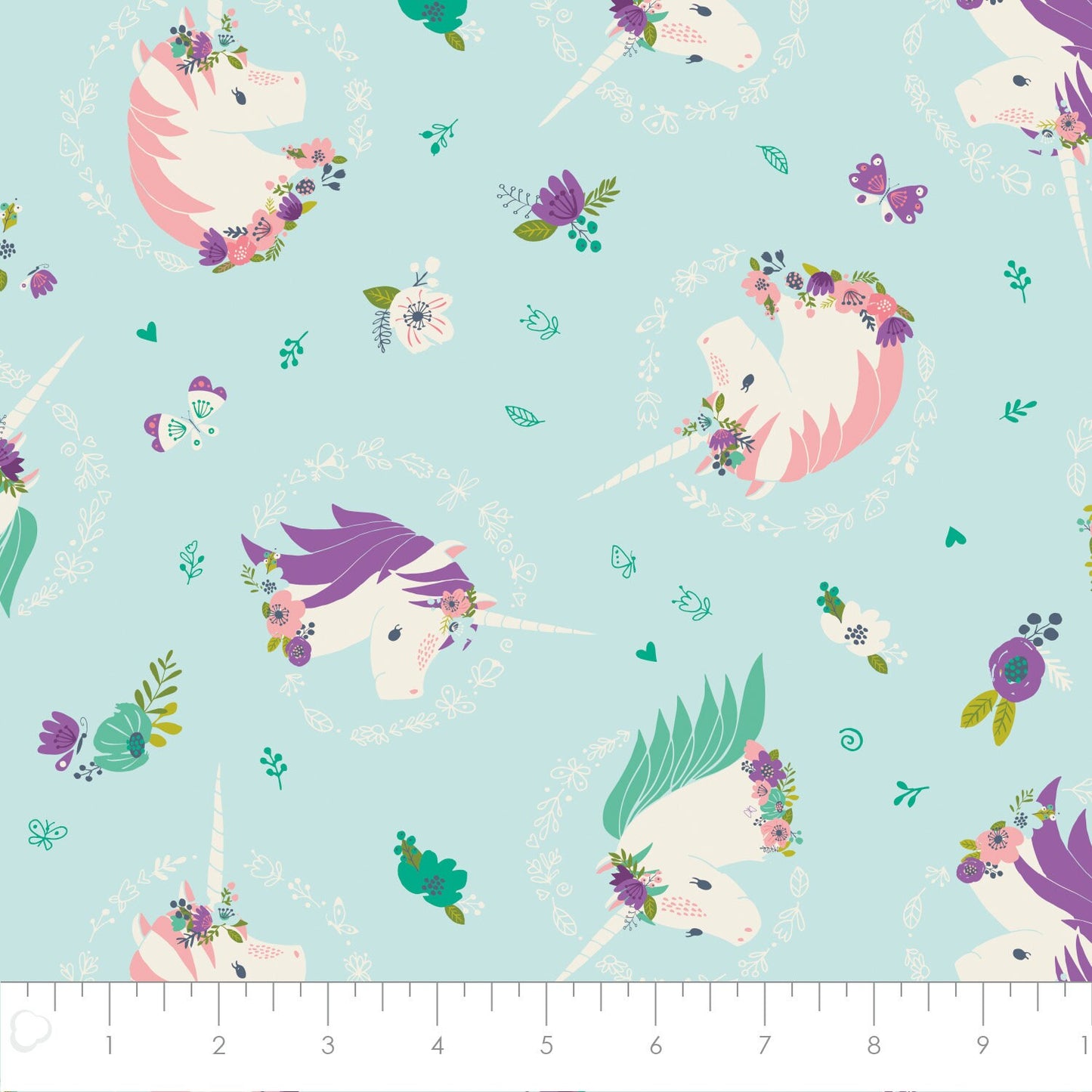 I Believe in Unicorns Unicorns & Flowers in Aqua Cotton Woven