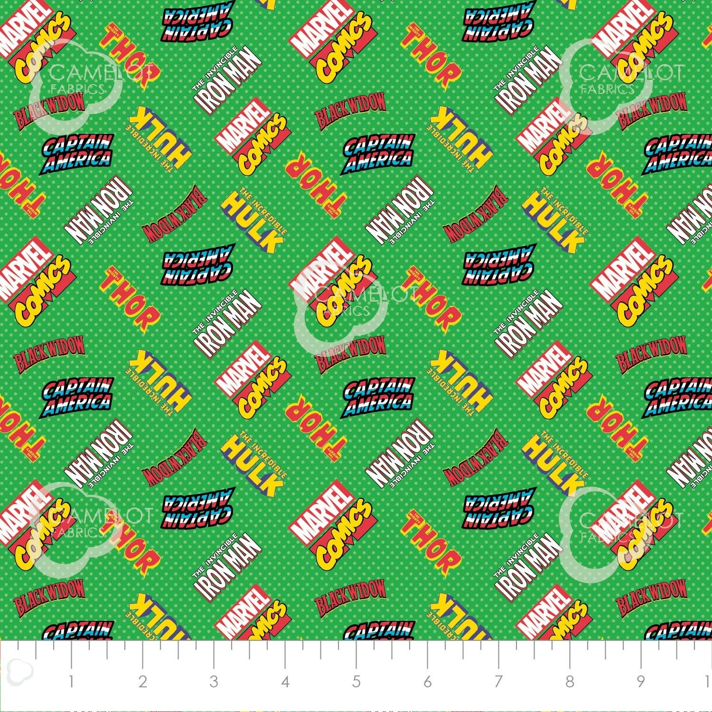 Marvel Retro Comic Avenger Unite Hero Logos Green Cotton Woven Fabric