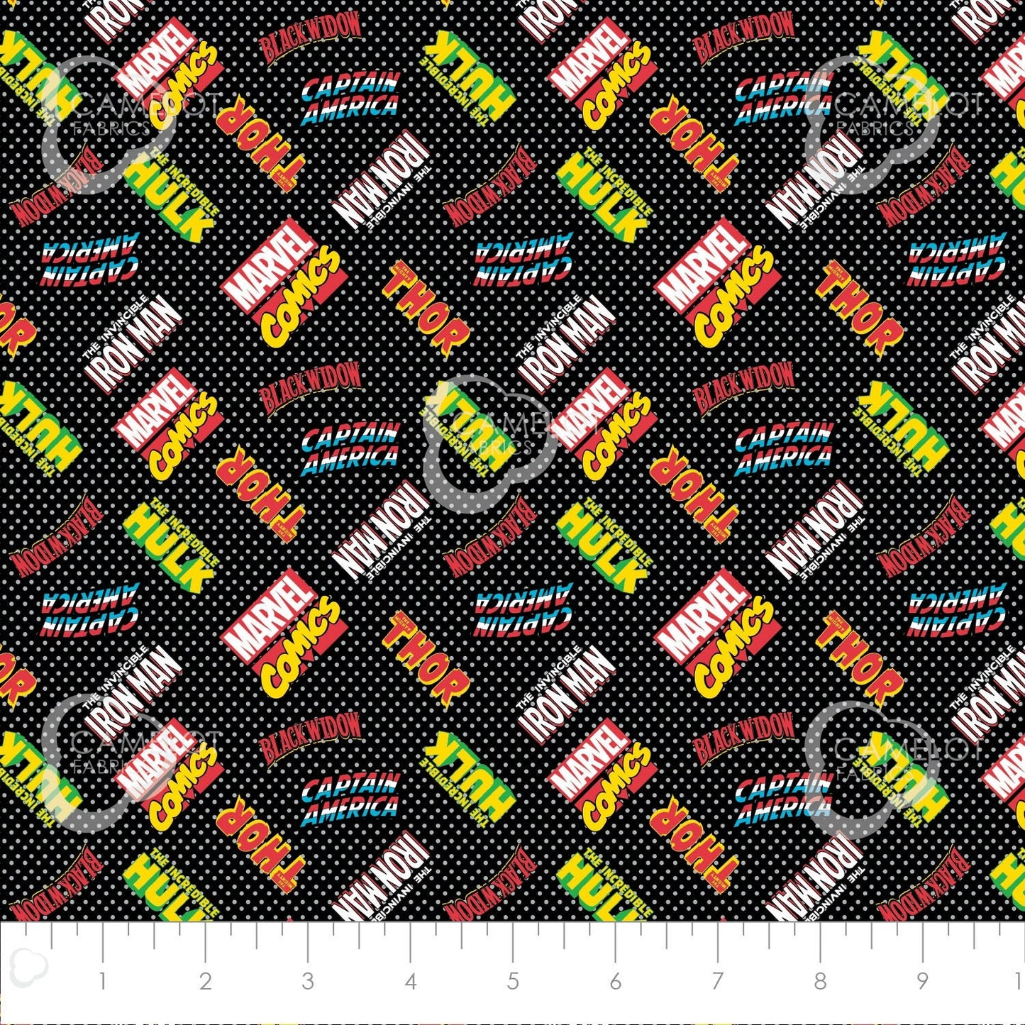 Marvel Retro Comic Avenger Unite Hero Logos Black 13020504-03 Cotton Woven Fabric