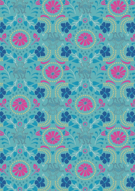 Lindos Aqua with Gold Taverna A270.2 Cotton Woven Fabric