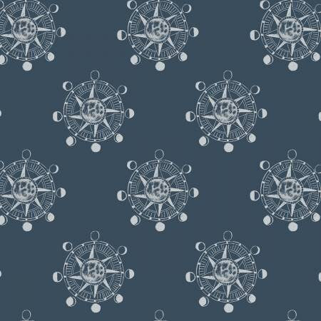 Aweigh North by Rae Ritchie Blue Steel Compass Cotton Woven Fabric