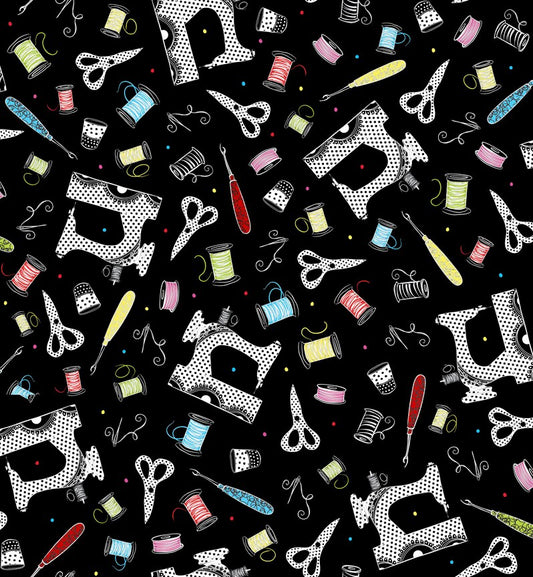 Sew Sassy Machines on Black 26786J Cotton Woven Fabric
