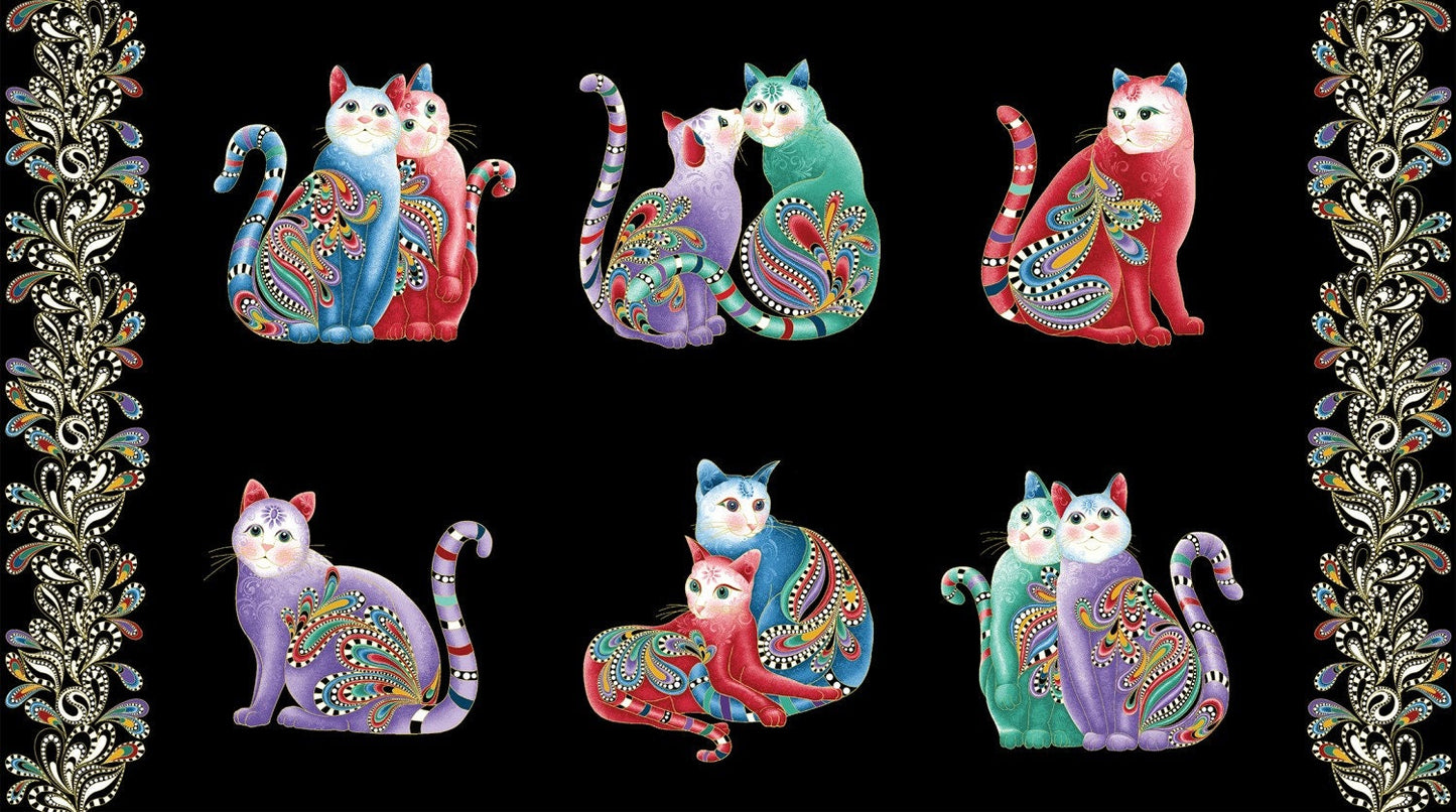 Cat-I-Tude 2 Purrfect Together by Ann Lauer Purrfect 24" Panel Black Metallic 7551MB-12 Cotton Woven Panel